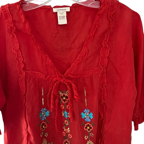 Sundance Red Floral Embroidered Tunic Top Small Oversized Short Sleeve Boho - Picture 4 of 9